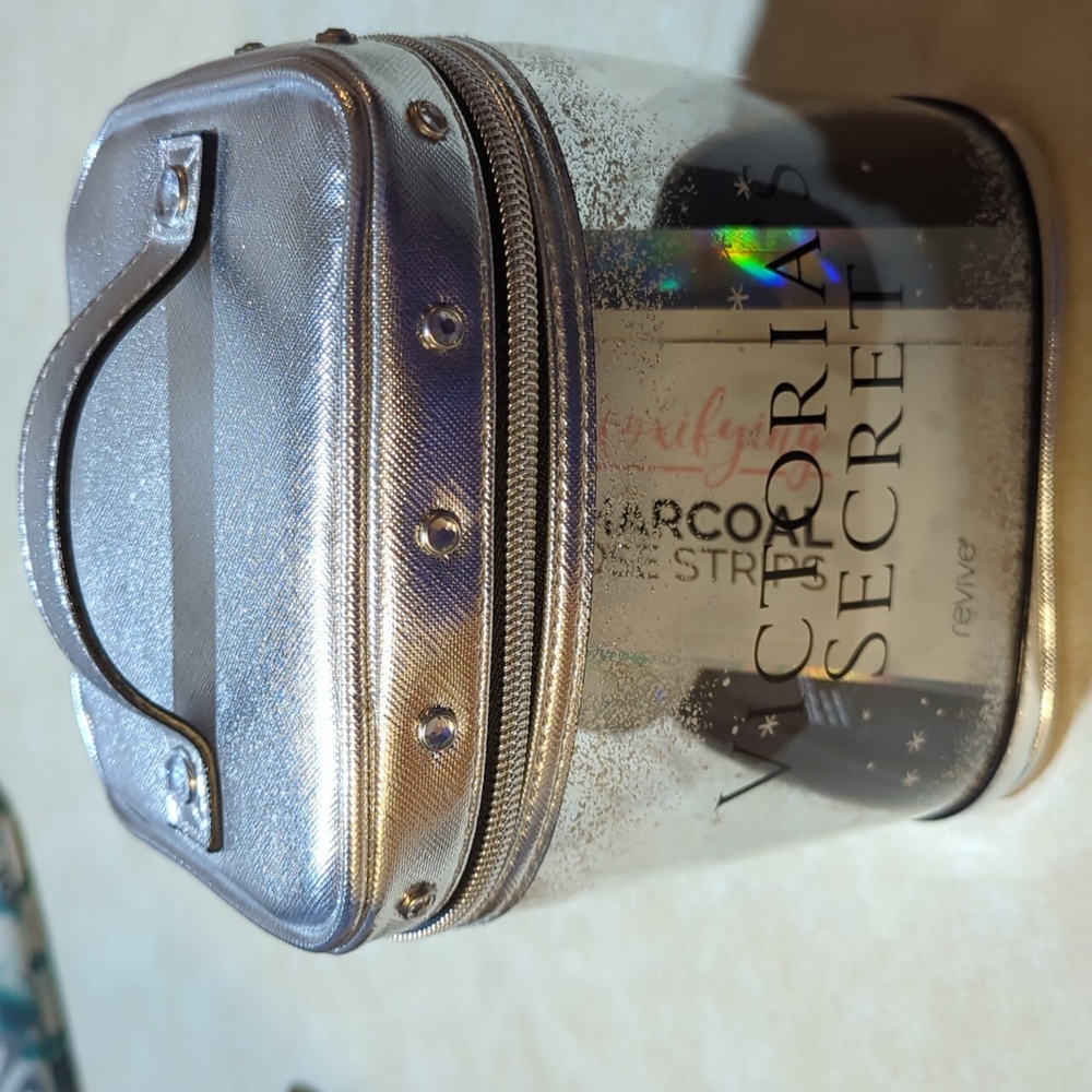NWOT Victoria's Secret Silver 2019 zipper clear makeup bag with self care items
